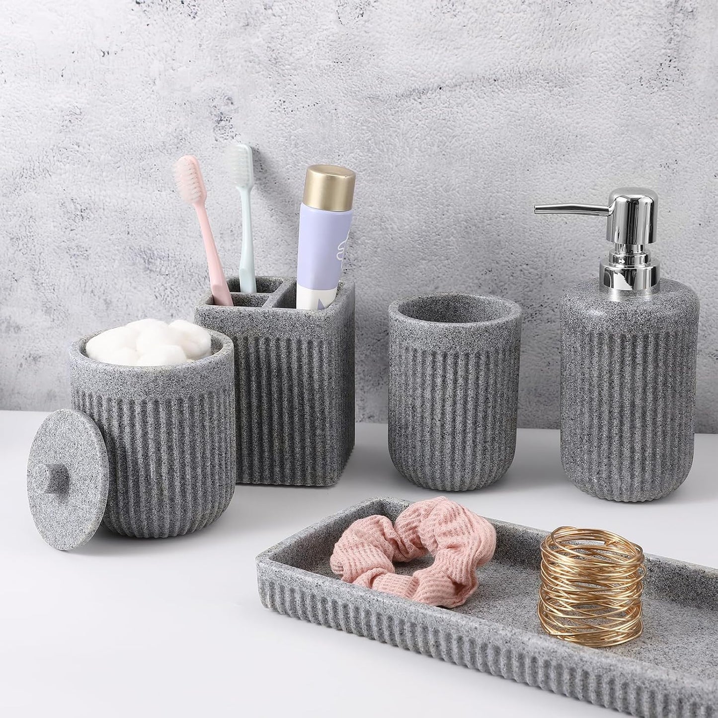 Resin Grey Bathroom Accessories Set 5 Pcs, Lotion Soap Dispenser, Toothbrush Holder, Bathroom Tumbler, Qtip Holder and Vanity Tray, Bathroom Countertop Organizer Set for Modern Home Apartment
