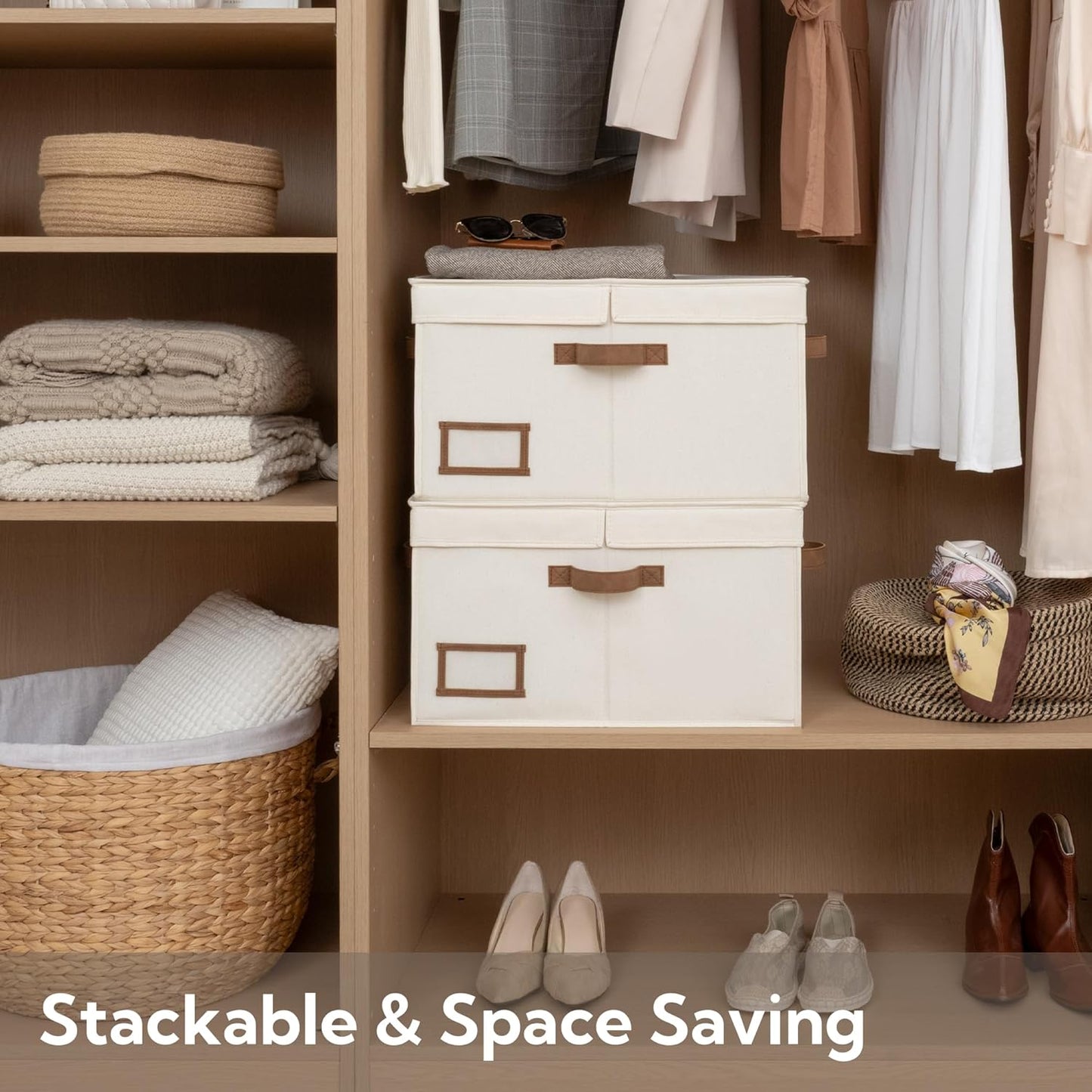 StorageWorks Large Clothes Storage Bins, Fabric Boxes with Divider Board, Baskets for Clothes, Linen Closet Organizers with Lid, Ivory White, 2-Pack