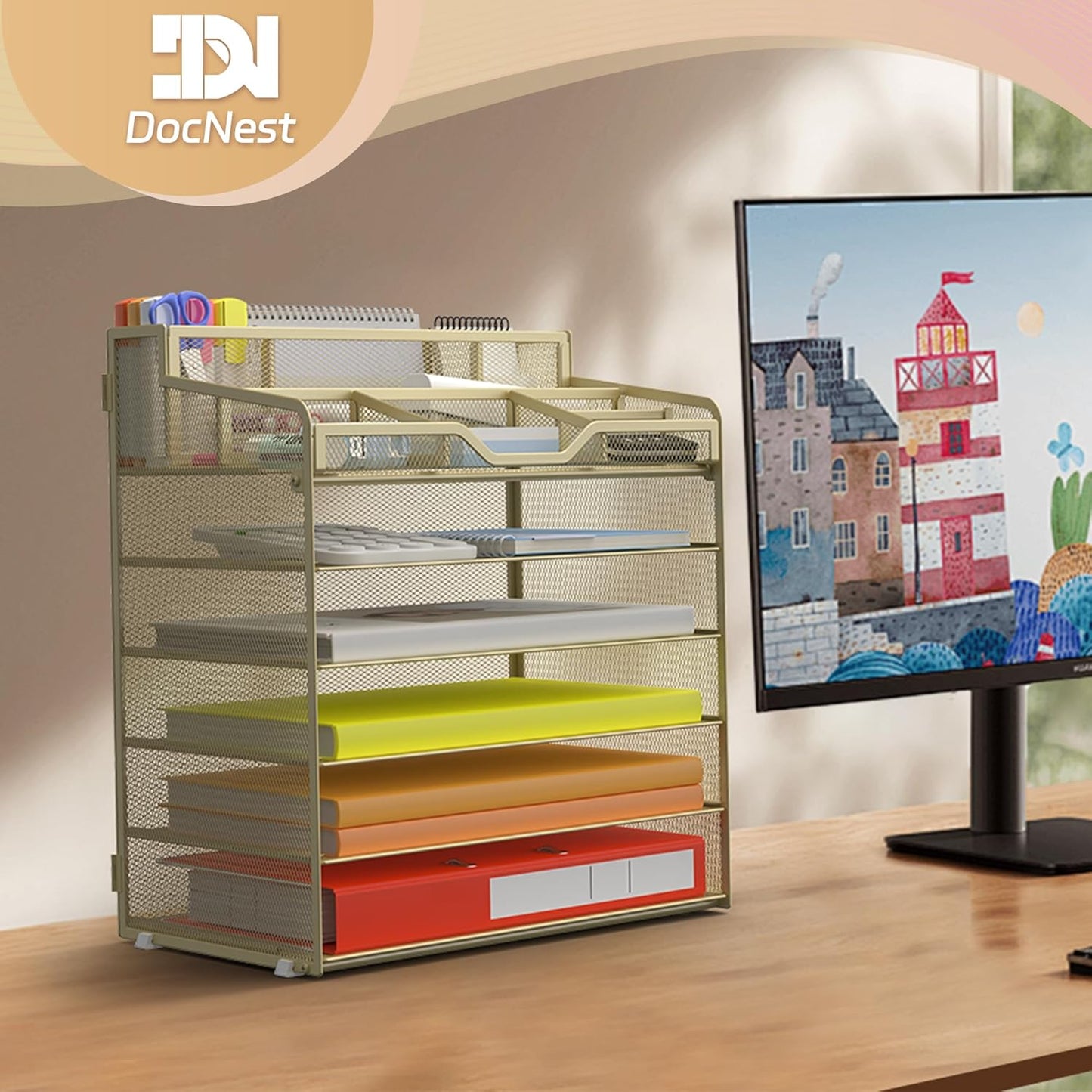 Docnest 6 Tier Mesh Desk Organizer for Paper Office Supplies – Multi-Functional Letter Tray with 5 Adjustable Compartments, 3 Pen Holders, Desktop Storage for Files, Mail, Stationery – Gold Yellow