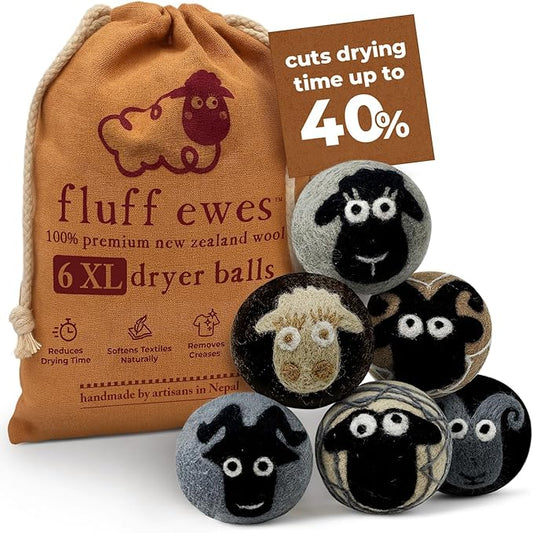 Hustle & Blush Fluff Ewes Wool Dryer Balls 6 Pack - XL Classic Premium New Zealand Laundry Set, Reduces Drying Time, Static Control, Chemical Free, Ideal Holiday Gifts for Women & Men
