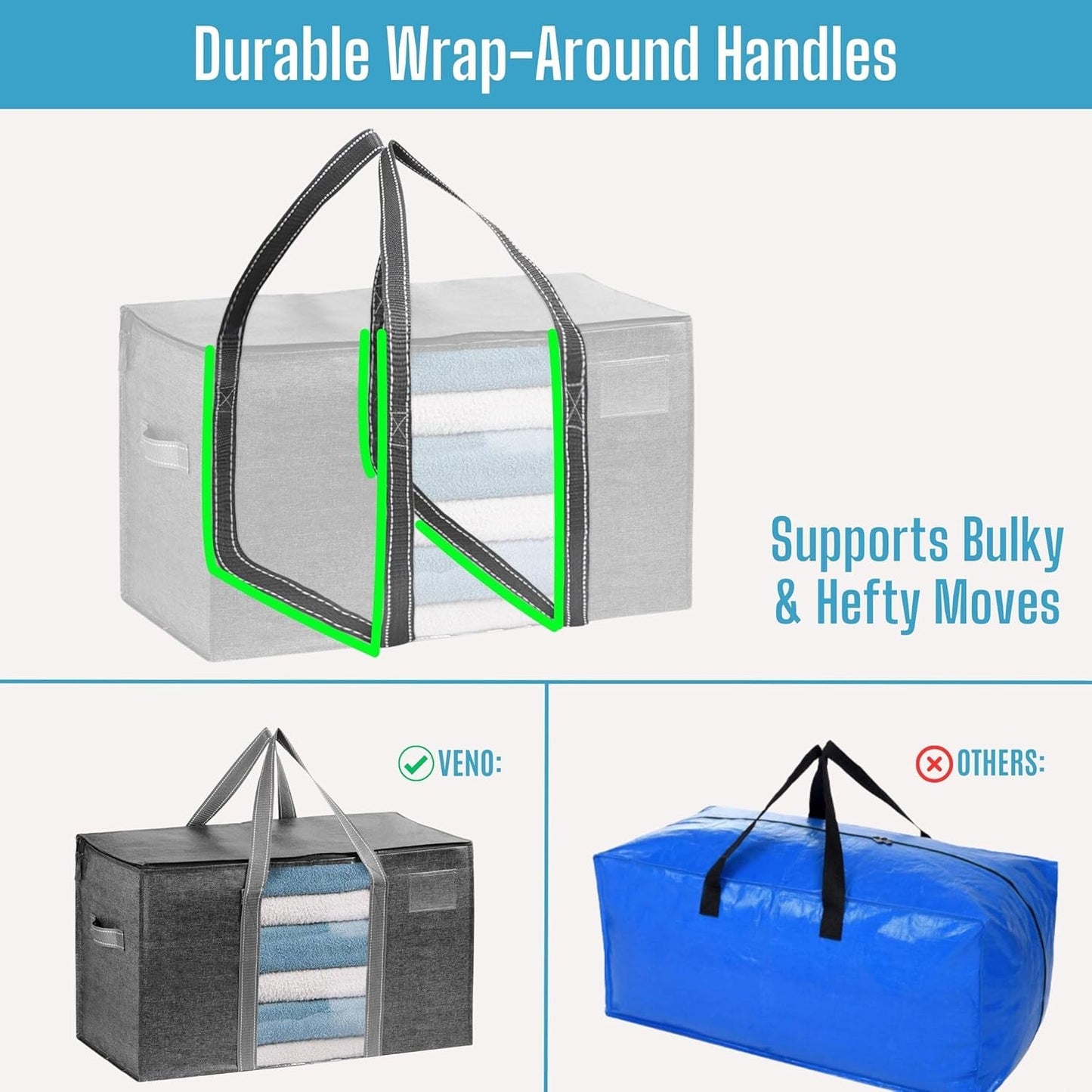 VENO 6 Pack Moving Bags, Moving Supplies, Moving Boxes, College Packing Storage Boxes with Lids Alternative, Heavy Duty Totes, Extra Large, Sturdy Handles, Zipper (Dark Gray with Window, 6 Pack)