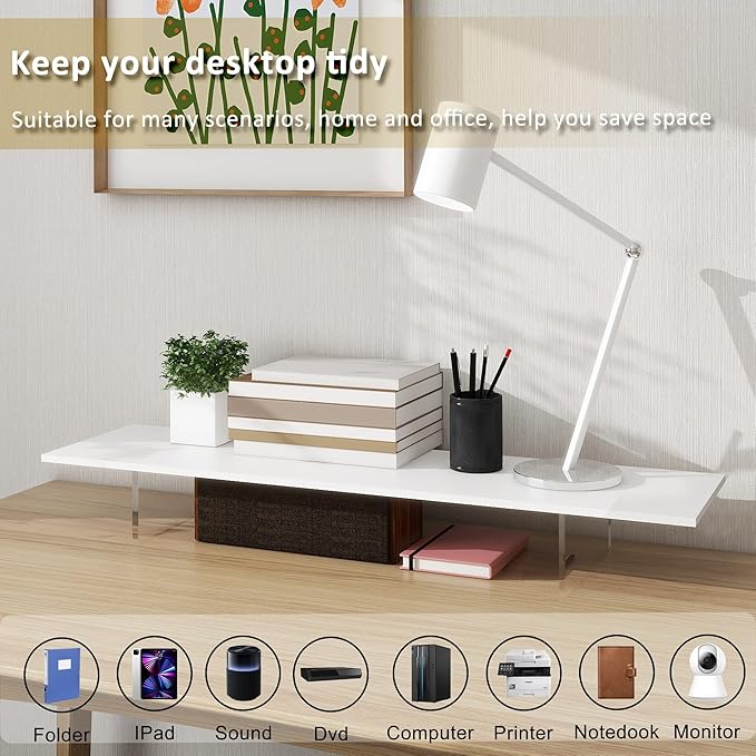 Monitor Stand Riser,Wood & Acrylic Computer Monitor Stand with LED Light,Desk Accessories Desktop Organizer Stand for Computer,Laptop,Printer,PC & TV Screen Riser… (All White)