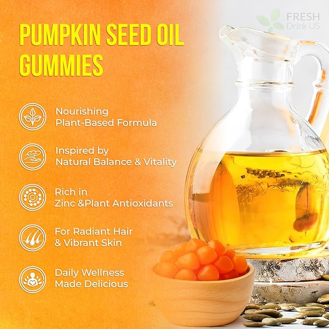 FreshDrinkUS, Premium 90 Pumpkin Seed Oil Gummies For Hair Growth, Youthful Skin, 4000mg Per Serving with Zinc & Vitamin C – Plant-Based, Non-GMO, Sugar/Gluten-Free, Men’s & Women’s Wellness Gummies