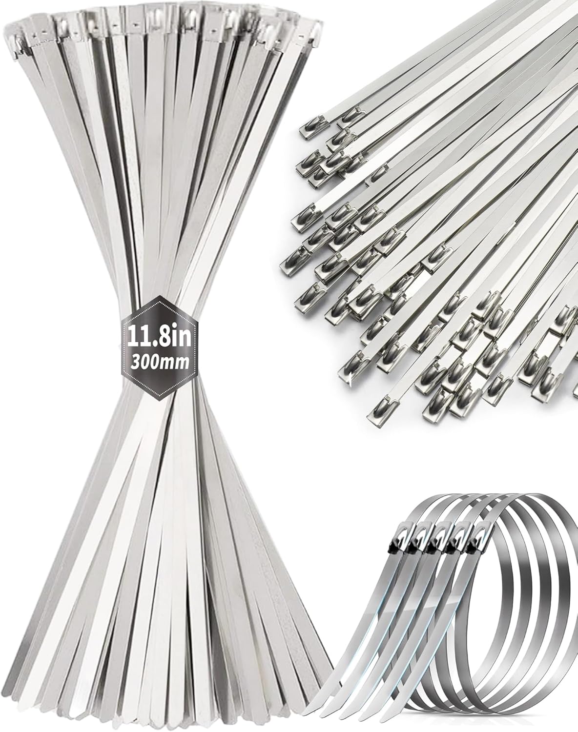 50Pcs Metal Zip Ties 11.8 inch 304 Stainless Steel Zip Ties, Heavy Duty Multi-Purpose Self-locking Metal Cable Ties for Machinery, Vehicles, Exhaust Wrap, Farms, Pipes, Roofs, Cables & Outdoor Fence