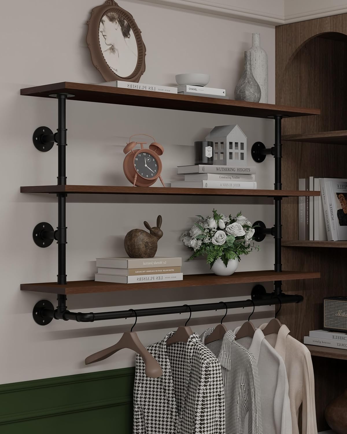 Clothes Shelves 48in, 3-Tier Wall Mounted Garment Rack with Real Walnut Wood Shelf, Heavy Duty Hanging Clothes Rack, Multi-Purpose Hanging Rod, Space-Saving Closet Storage