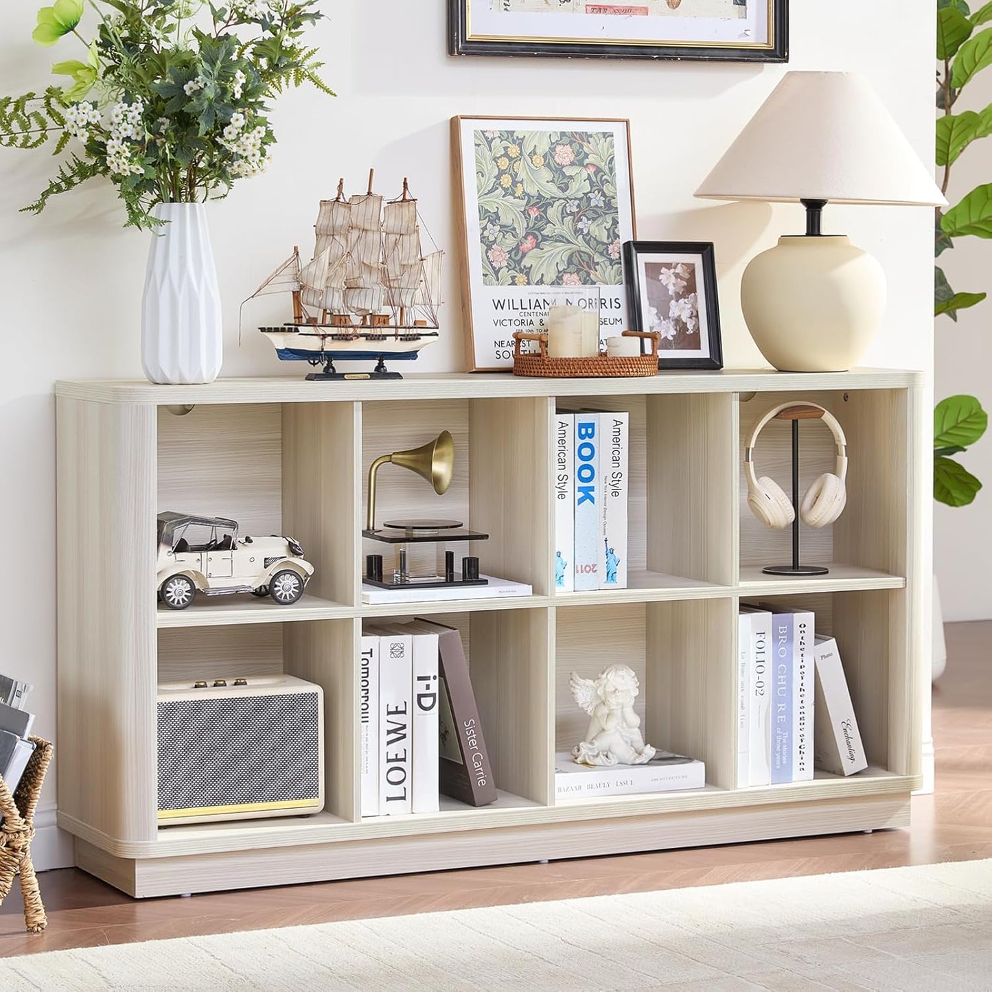 8 Cube Storage Bookcase, 52" Long Horizontal Book Shelf w/Curved Edge, Wooden Floor Standing 2-Tier Cubby Console Bookshelf with Base, Modern Low TV Stand for Living Room, White Cream Oak