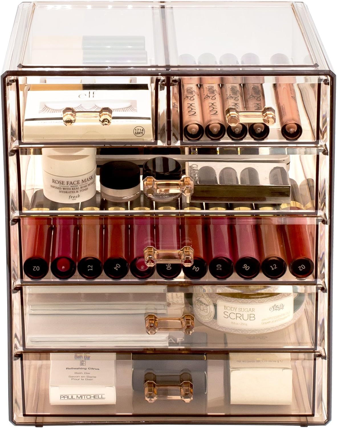 Sorbus Acrylic Clear Makeup Organizer - Big & Spacious Cosmetic Display Case - Stylish Designed Jewelry & Make Up Organizers and Storage for Vanity, Bathroom (4 Large, 2 Small Drawers) [Bronze Glow]