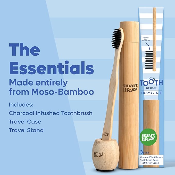 Bamboo Charcoal Toothbrush with Travel Case & Holder Kit - Extra Soft Natural Bristles for Sensitive Teeth | Eco Friendly Portable Wooden Travel Set | Single Wood Toothbrushes Stand & Cover