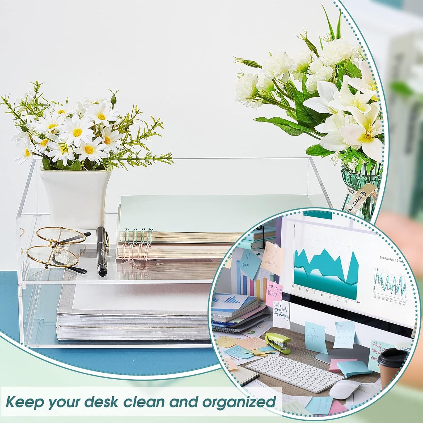 Yulejo 2 Pcs 12.4 x 8.74 x 2.68" Acrylic Desk Organizers Accessories Paper Storage Tier File Office Organizer Tray Stackable Document Clear Desk Accessories for Office Workspace Organization