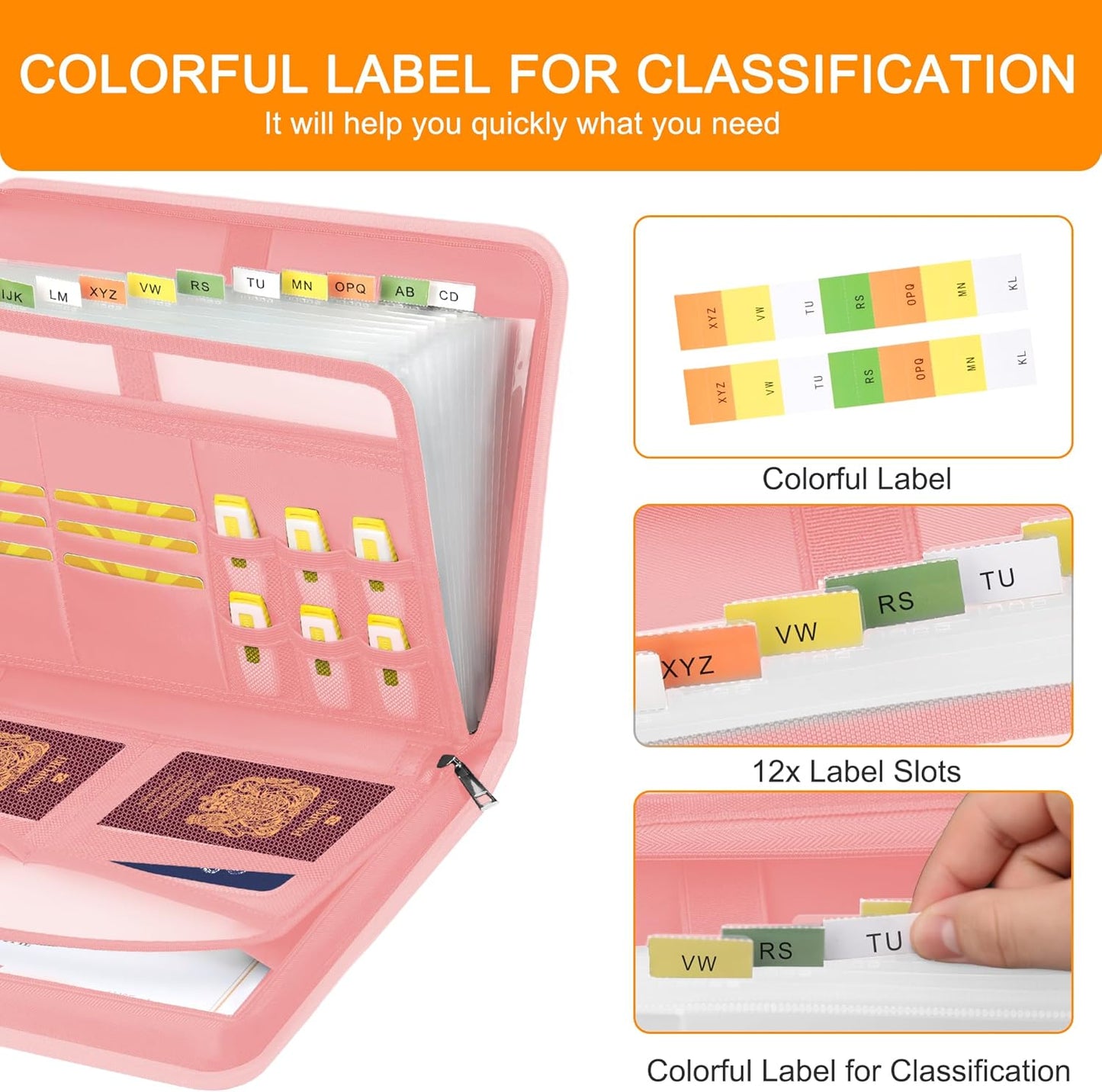 Accordion File Organizer,13 Pockets Fireproof Expanding File Folder with Multi Pockets,Portable Business Fire Safe Storage Document Organizer Folder with Zipper for Documents and File,Pink