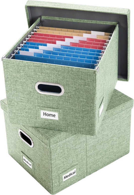 PRANDOM File Organizer Box - Set of 2 Collapsible Decorative Linen Filing Storage Hanging File Folders with Lids Office Cabinet Letter/Legal Size Green 17x14x11.2 inch