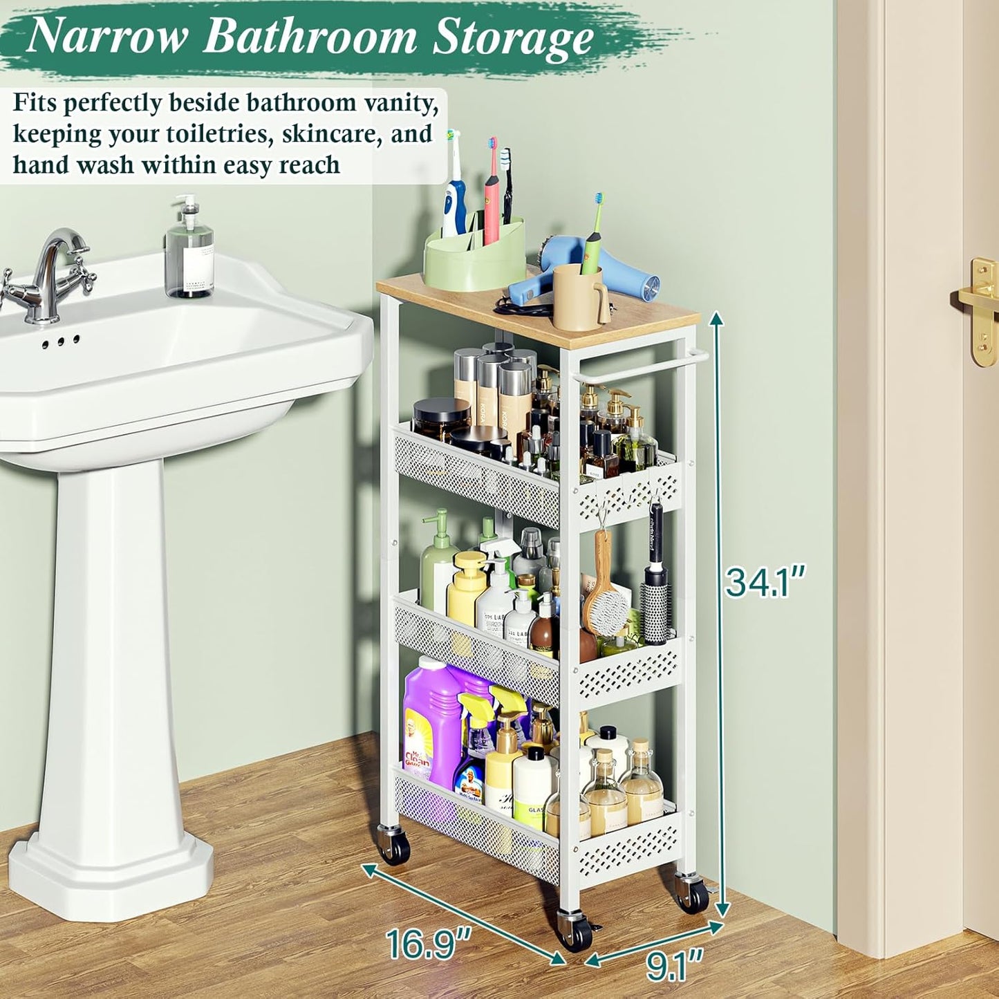 Utility Slim Storage Cart, 4-Tier Narrow Bathroom Organizers and Storage Cart, Narrow Metal Kitchen Laundry Room Organization Shelf with Wood Top, Slim Rolling Carts with Wheels for Small Space