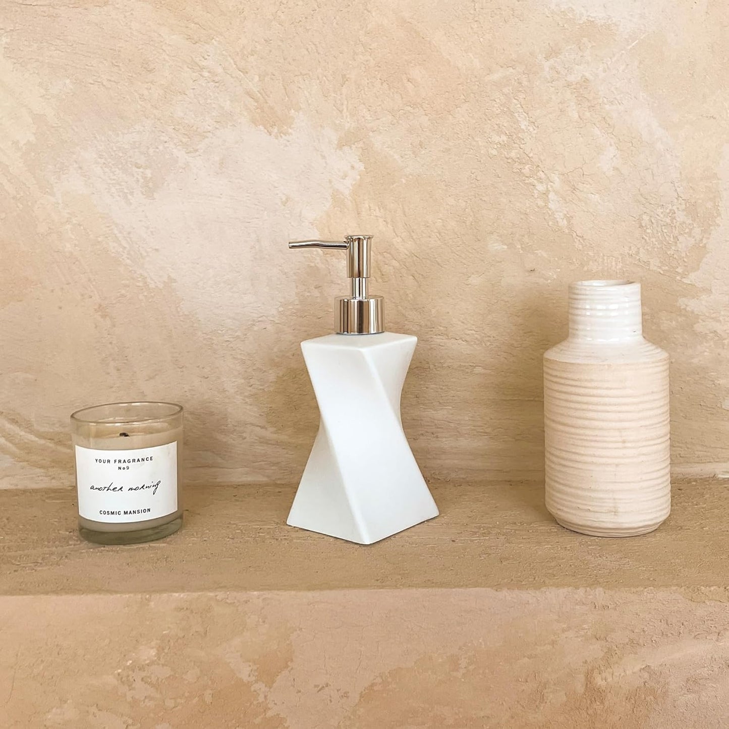 Modern White Soap Dispenser with Silver Pump for Bathroom and Kitchen, Contemporary Art Style, Matte Finish, Rust Proof, 8.5oz (Arctic White)