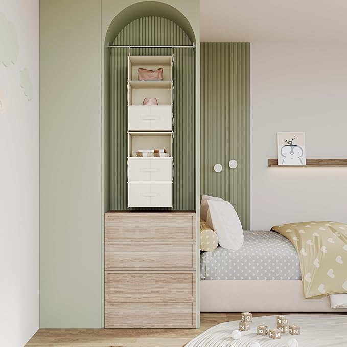 Vailando 6-Shelf Hanging Closet Organizer, 2 Separable 3-Shelf Hanging Shelves with 3 Drawers for Wardrobe, Nursery, Baby Clothes Organization and Storage, Beige