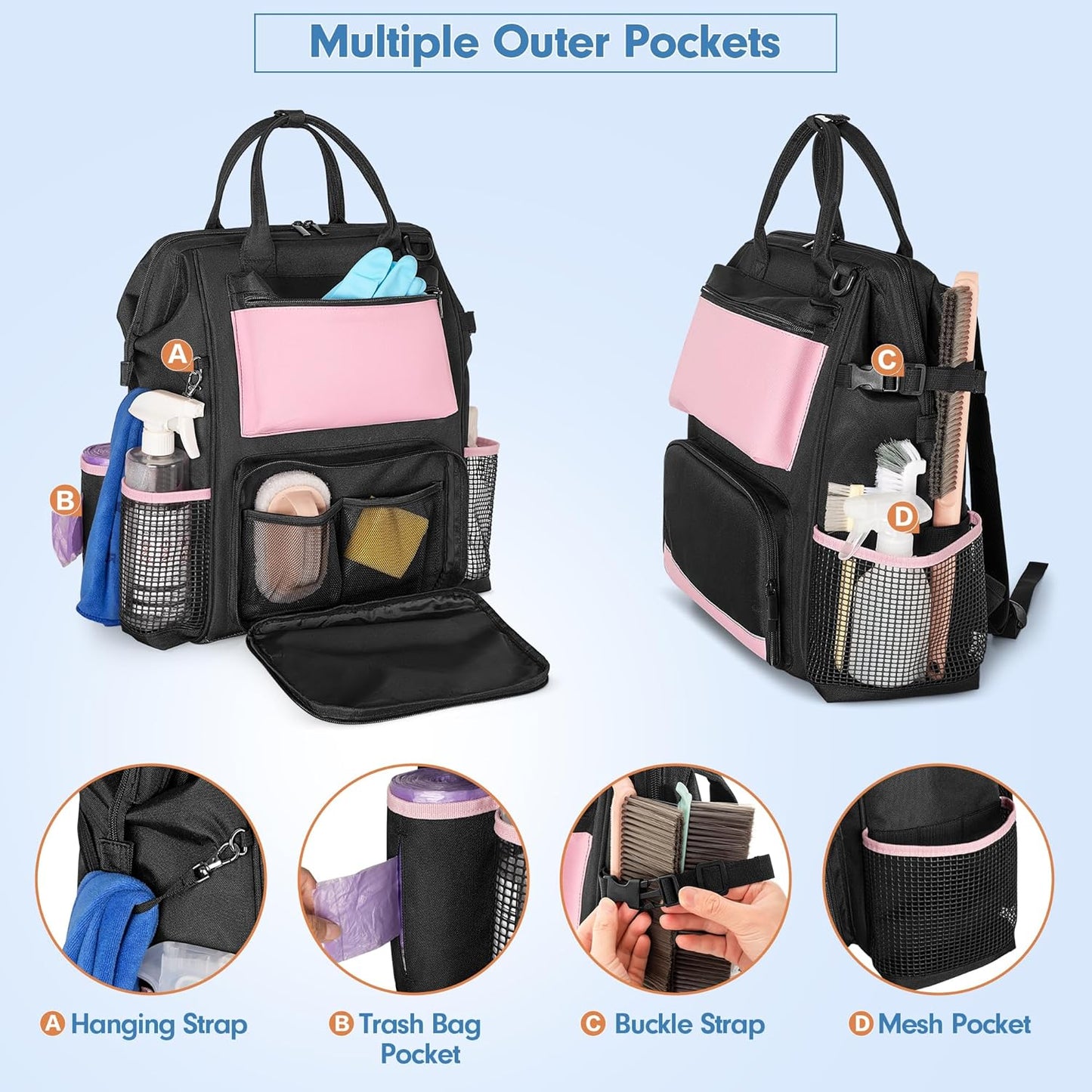 LoDrid Heavy Duty Cleaning Supplies Bag with Steel Frame Top, Large Cleaning Caddy with Adjustable Shoulder Straps and Multiple Pockets for Housekeeping Work, Pink, Bag Only, Patent Designed