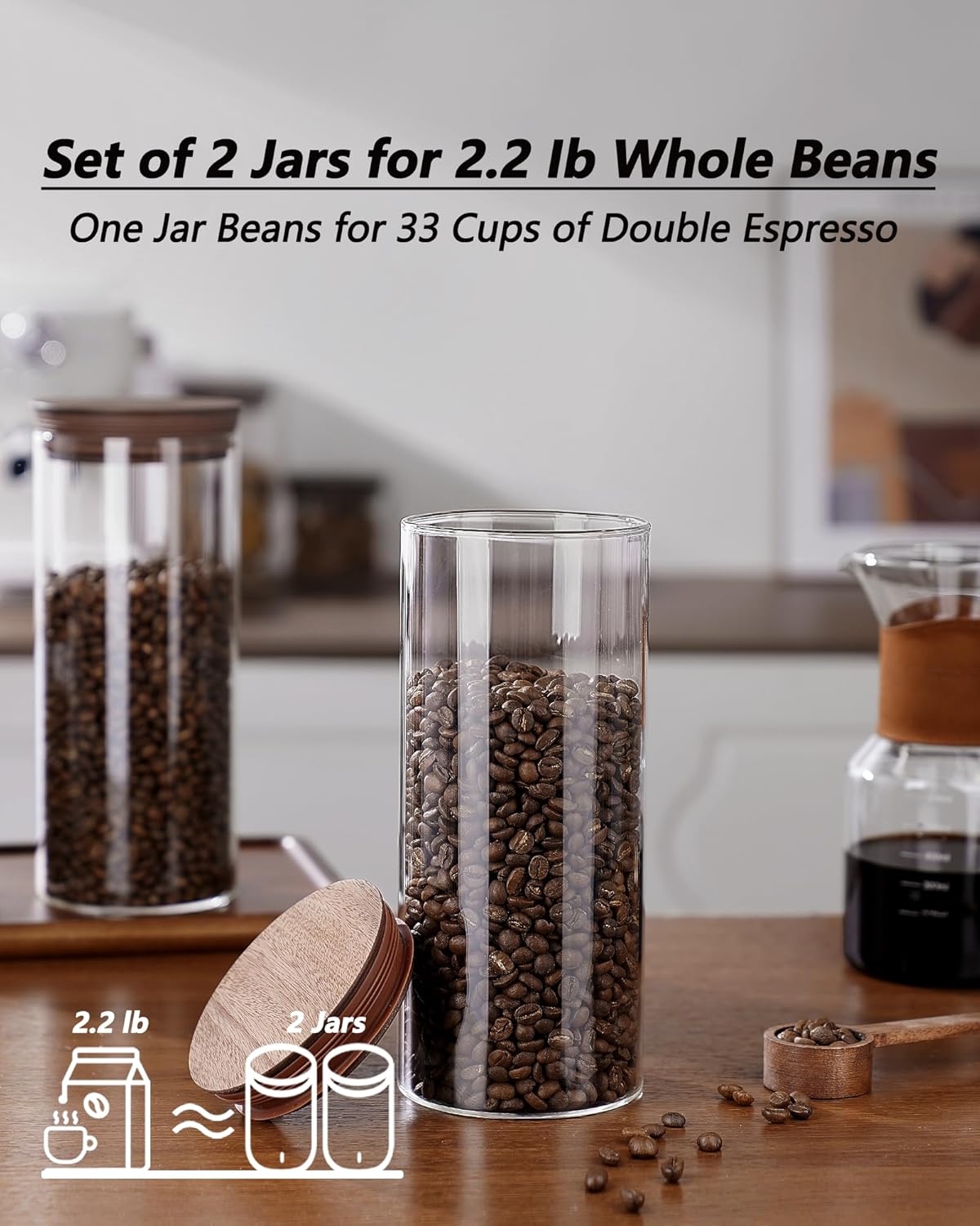 2PCS of 50floz Round Coffee Canister with Wooden Lids, Airtight Glass Coffee Jars for Ground Coffee, Coffee Beans Storage Container