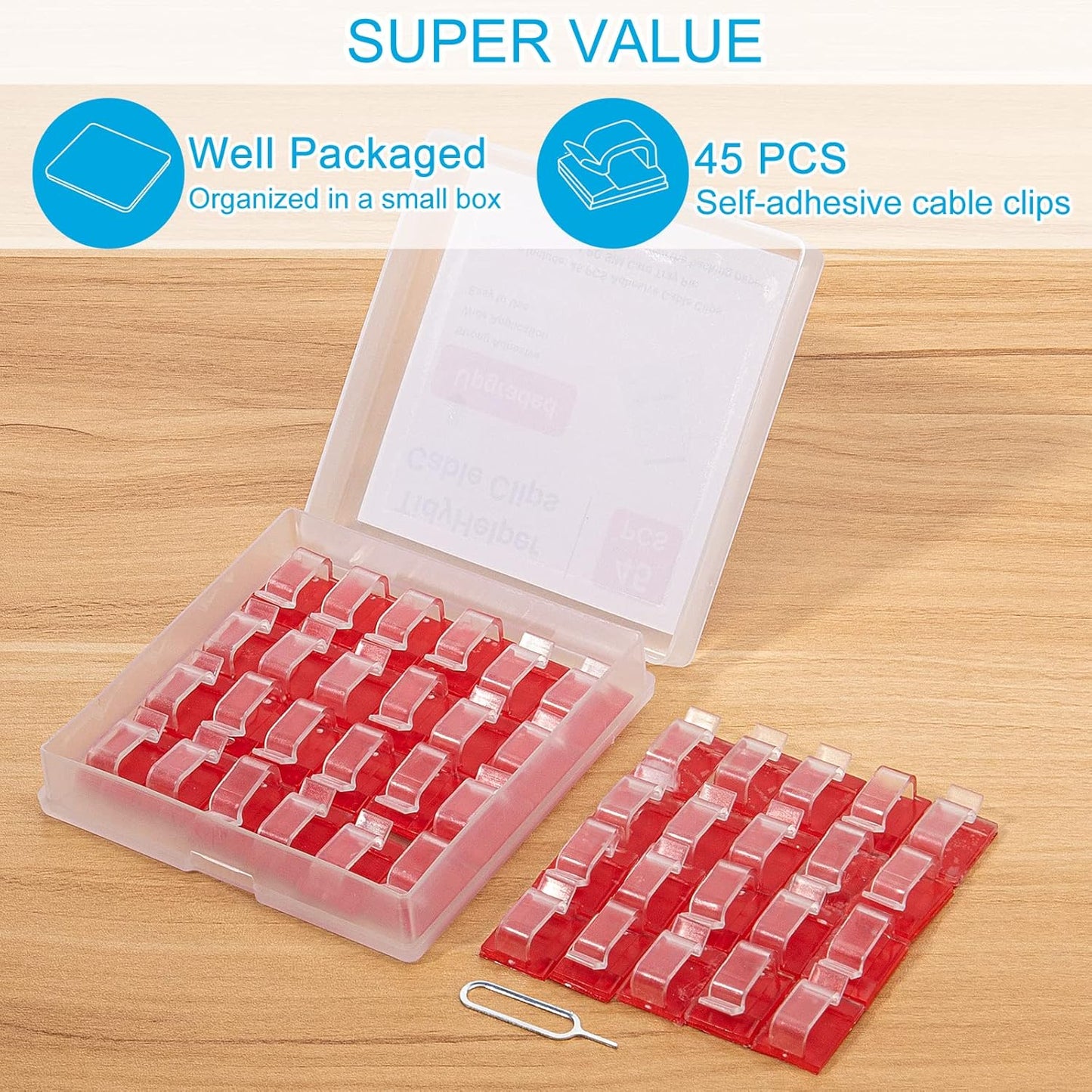 Adhesive Cable Clips Clear (45 PCS, Small), Upgraded Christmas Outdoor Light Clips, Wire Holder Cord Organizer for Cable Management Under Desk