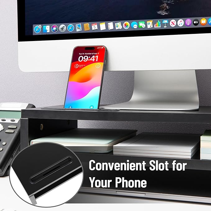 Mind Reader Monitor Stand with Phone Slot and Storage Shelf, Desktop Riser, 88 lb Capacity, MDF Wood, Black