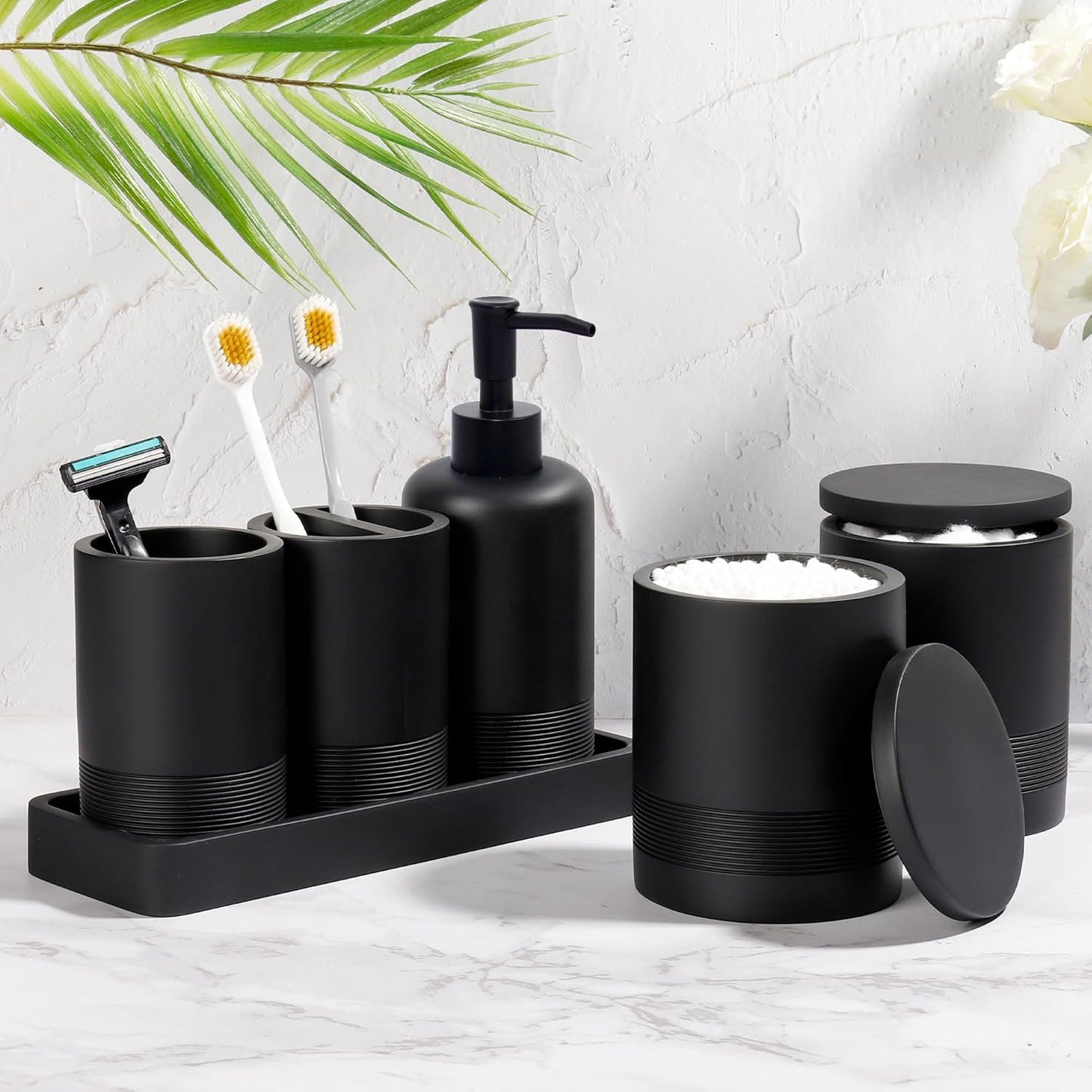 Bathroom Accessories Set, 6-Piece Bathroom Accessory Set, Toothbrush Holders Set, Soap Dispenser, Vanity Tray, Tumbler, Cotton Swab Jars, Bathroom Organizer for Modern Bathrooms(Matte Black)