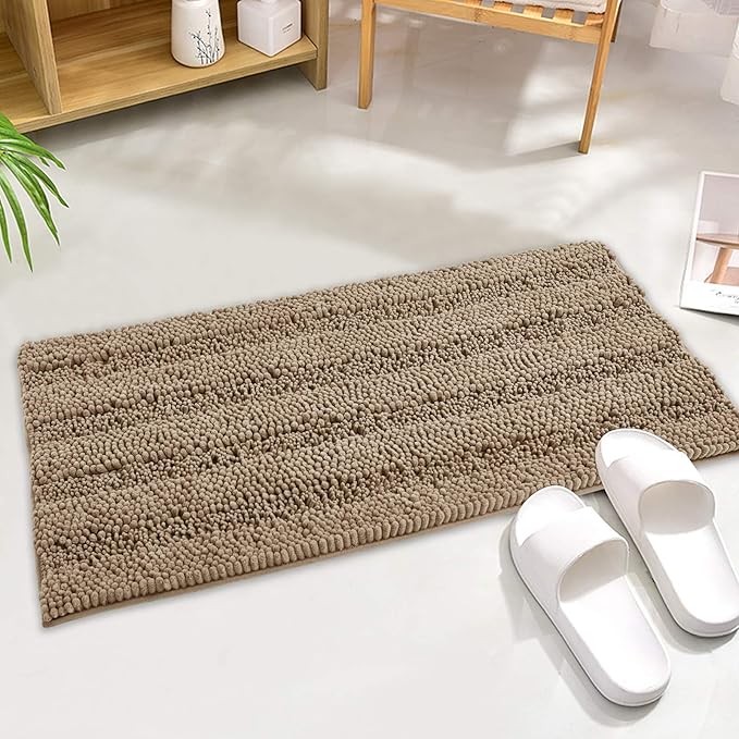 KGORGE Non-Slip Bathroom Rugs - Quick Drying Chenile Bath Mat Absorbent Super Soft Microfiber Floor Carpet for Tub Kitchen, Browm, 47" x 17", 1 Piece