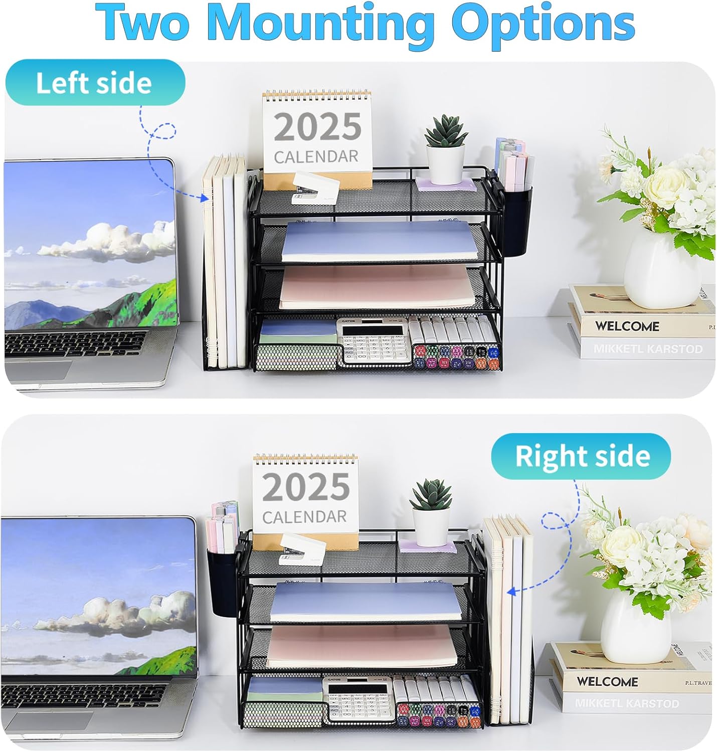 Desk Organizer and Accessories, 4-Tier Desktop File Organizer with Drawer and 2 Pen Holders, Office Desk Accessories, File Sorters, Workspace Organizers for Office Supplies(Black)