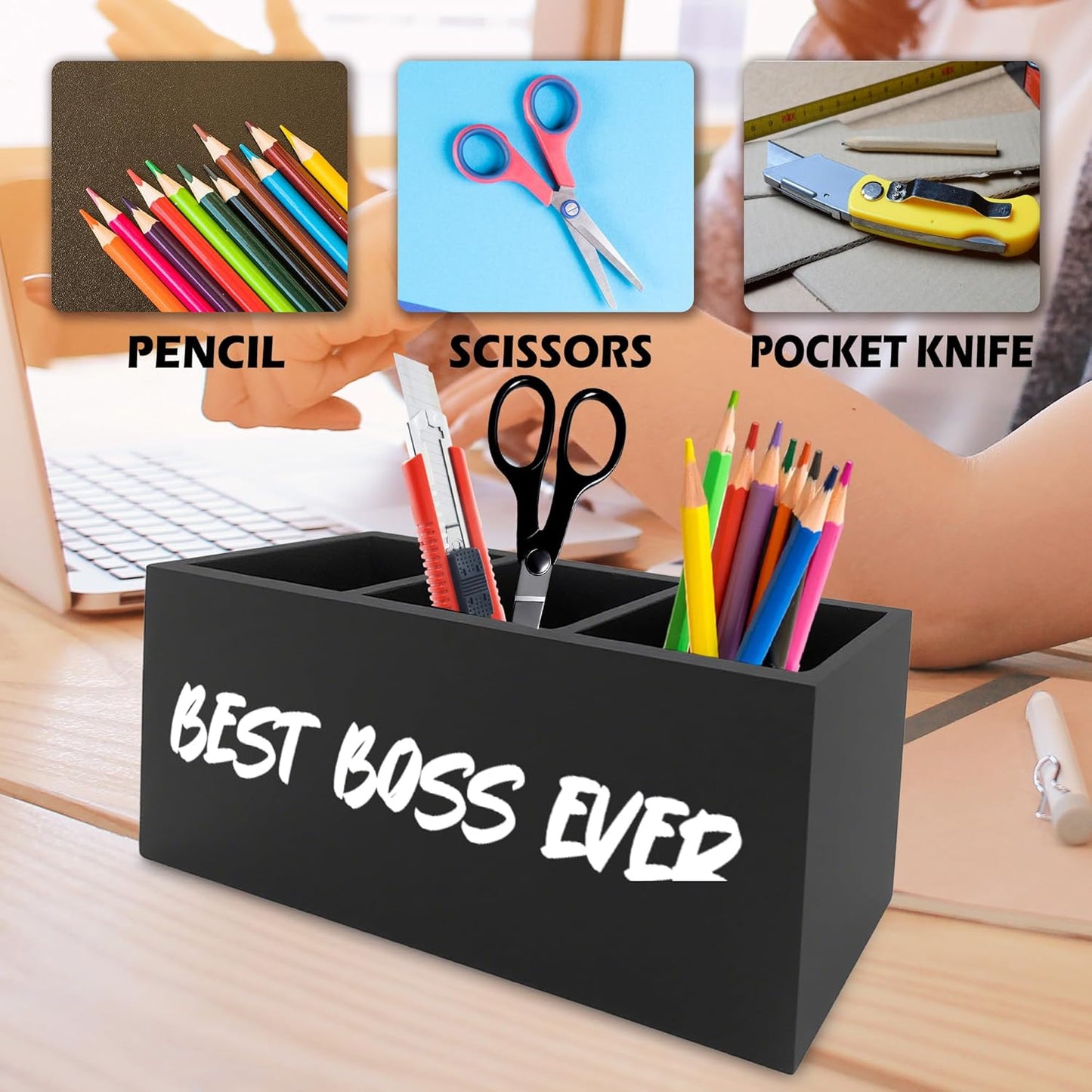 Boss Gifts Pen Pencil Holder Organizer for Desk, Bosses Leader Appreciation Gifts, Best Boss Ever Wooden Box Signs Decorations for Home Workplace Office Desk Tabletop