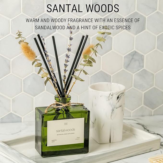 Craft & Kin Christmas Reed Diffuser with Dried Flowers | 5 oz Santal Woods Holiday Scented Reed Diffusers for Home, Bathroom | Scent Sticks | Elegant Fragrance Home Decor for Men & Women