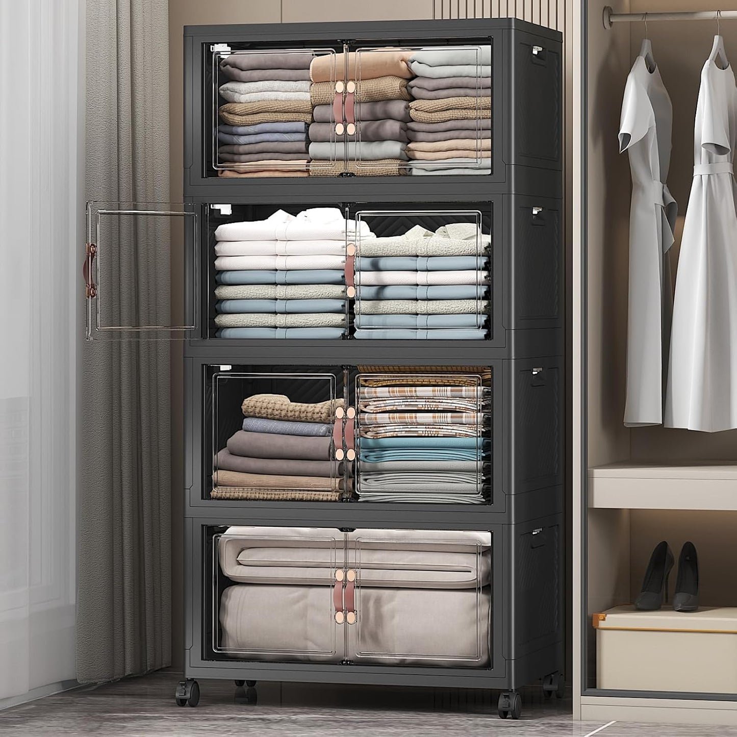 Extra Large Stackable Storage Bins with Lids & Wheels & Door, 448QT-112QT/28GAL*4Pack Foldable Collapsible Closet Organizers, Plastic containers drawers for bedroom Dorm