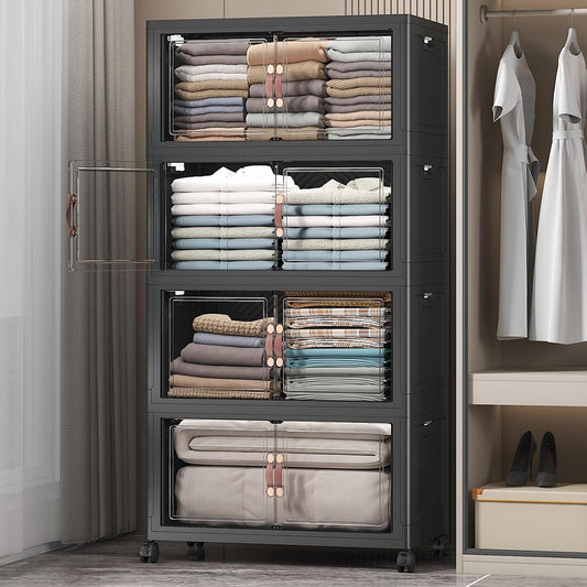 Extra Large Stackable Storage Bins with Lids & Wheels & Door, 448QT-112QT/28GAL*4Pack Foldable Collapsible Closet Organizers, Plastic containers drawers for bedroom Dorm