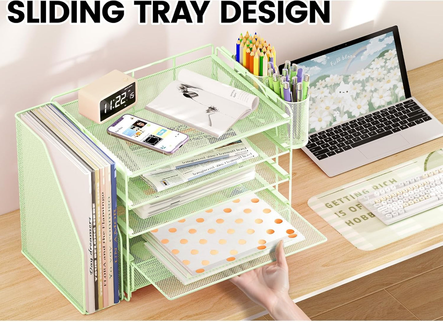 Desk Organizers and Accessories with File Holder, 5-Tier Office Desk Accessories & Workspace Desktop Organizer with Drawer and 2 Pen Holder, File Paper Organizer for Office Supplies(Green)