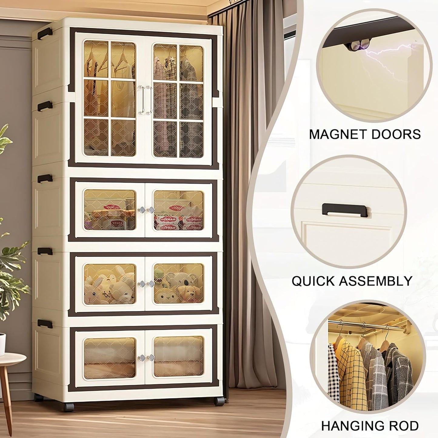 Collapsible Storage Bins with Lids, Folding Storage box with Doors and Wheels, Stackable Organizers Cabinets, Closet Organizers and Storage for Home, Dorm (3+1 Transparent)