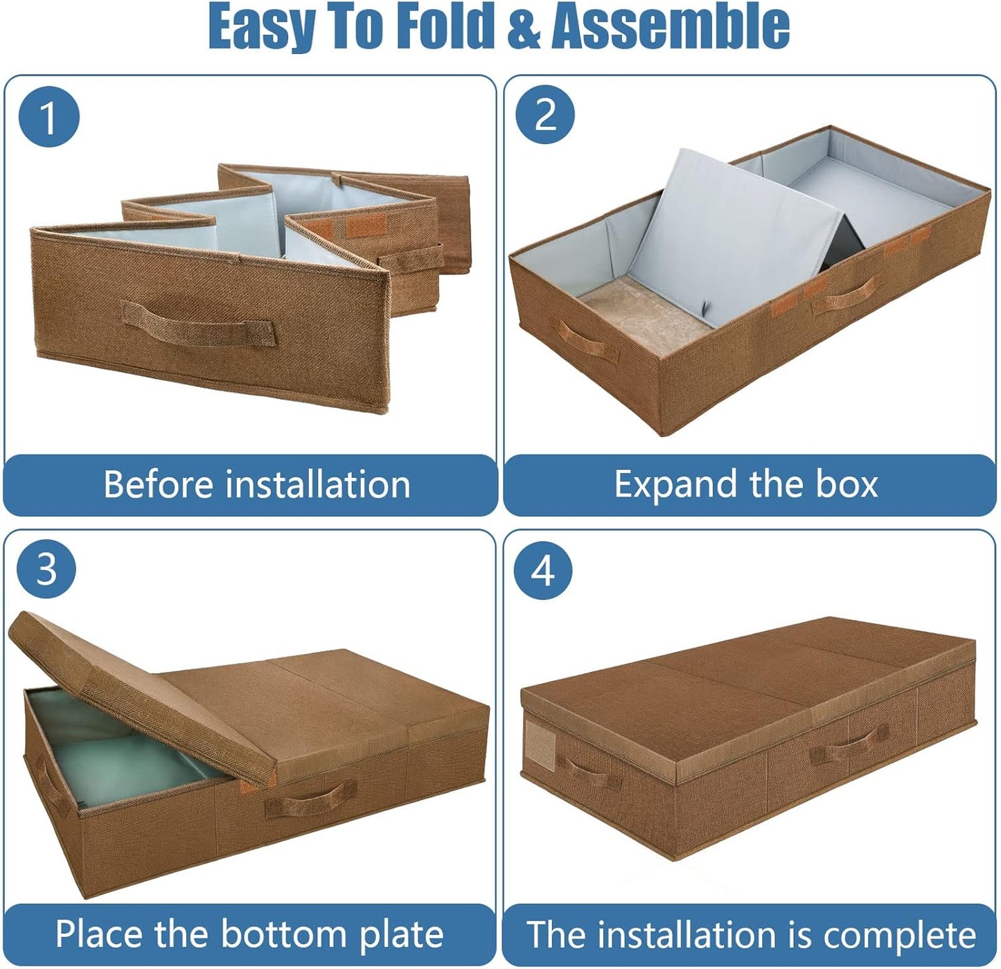 Underbed Storage Containers Bin with Lids (2pcs) Large Under Bed Storage Organizer Box with Handle, Foldable Under the Storage Bags for Organizing Clothes, Shoes, Blankets, Pillows-Dark brown