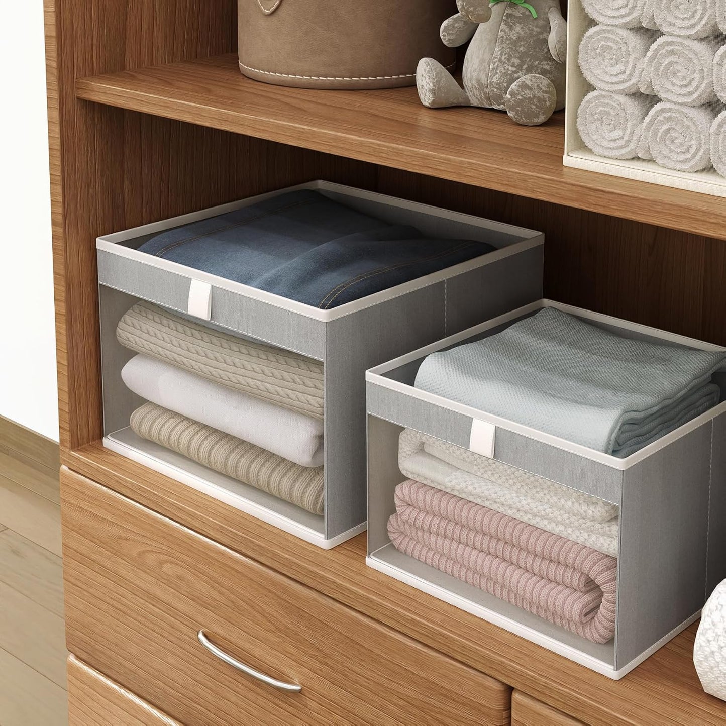 Linen Closet Organizers and Storage, Closet Storage Bins Basket Organizer, Foldable Organization Baskets with Mesh Window for Clothes Towels and Toys, 12.75" x 12.75" x 9", Gray, 4 pack