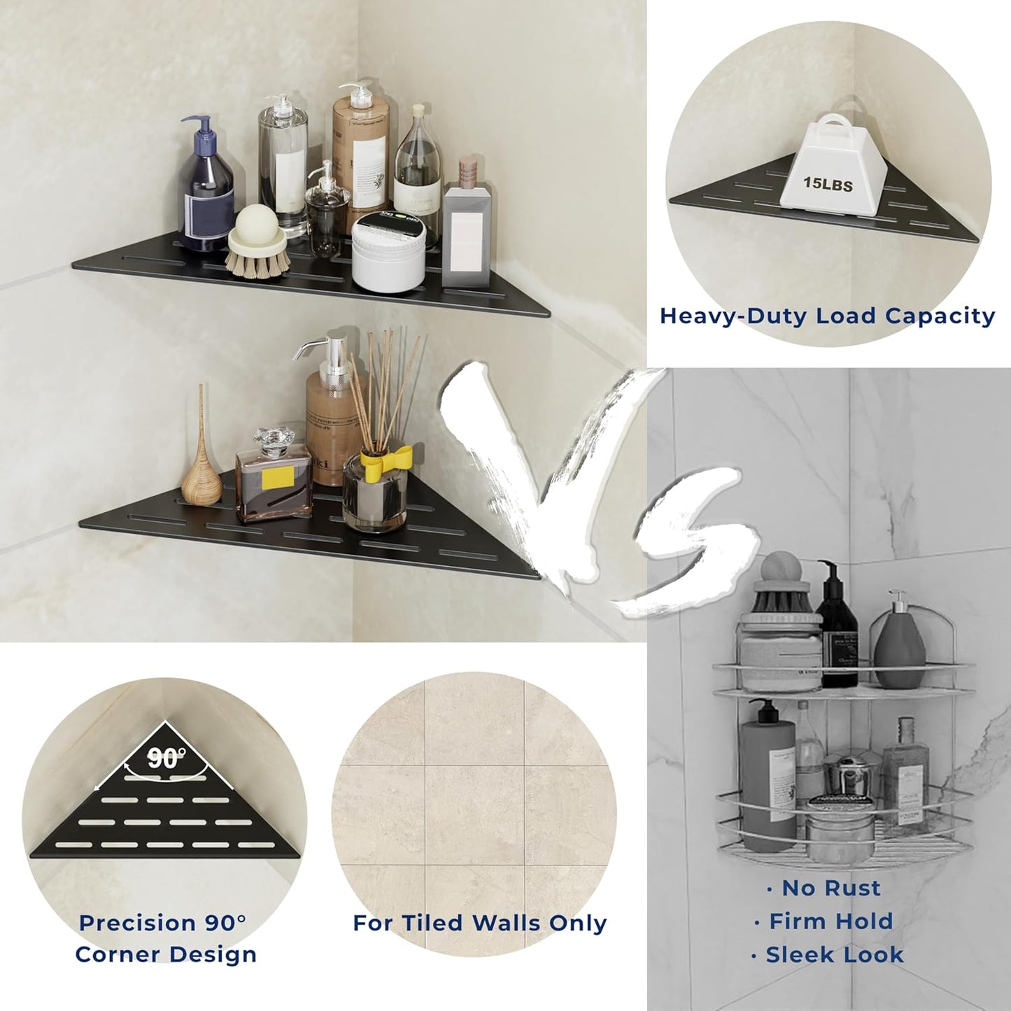 Corner Shower Caddy Shelf, Recessed Built-in Bathroom Storage for Tiled 90° Walls, Matte Black 304 Stainless Steel, Set of 2