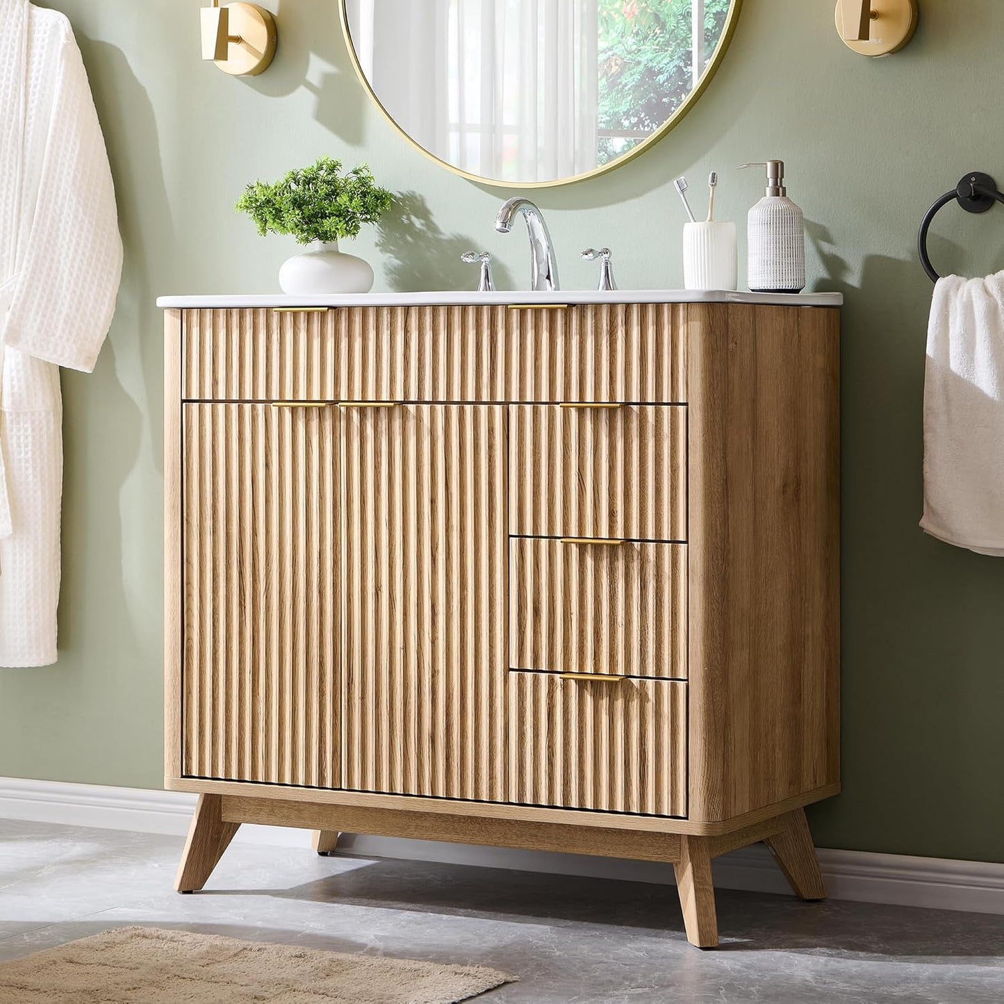 T4TREAM 36" Fluted Bathroom Vanity with Ceramic Sink Combo，Freestanding Modern Bathroom Storage Vanity Cabinet with 2 Soft Closing Doors & 3 Drawers，Wood Grain Texture，Metal Handle，Natural Oak