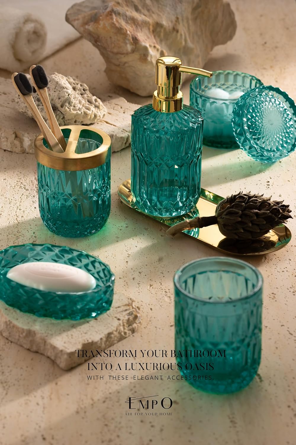 EMPO 6PCS Bathroom Clear Glass Accessories Set (Lotion Soap Dispenser, Soap Dish, Toothbrush Holder, Tumbler, Cotton Swab Jar), Contemporary Modern Decor Crystal Vintage Gift (6pcs Ocean Teal Blue)