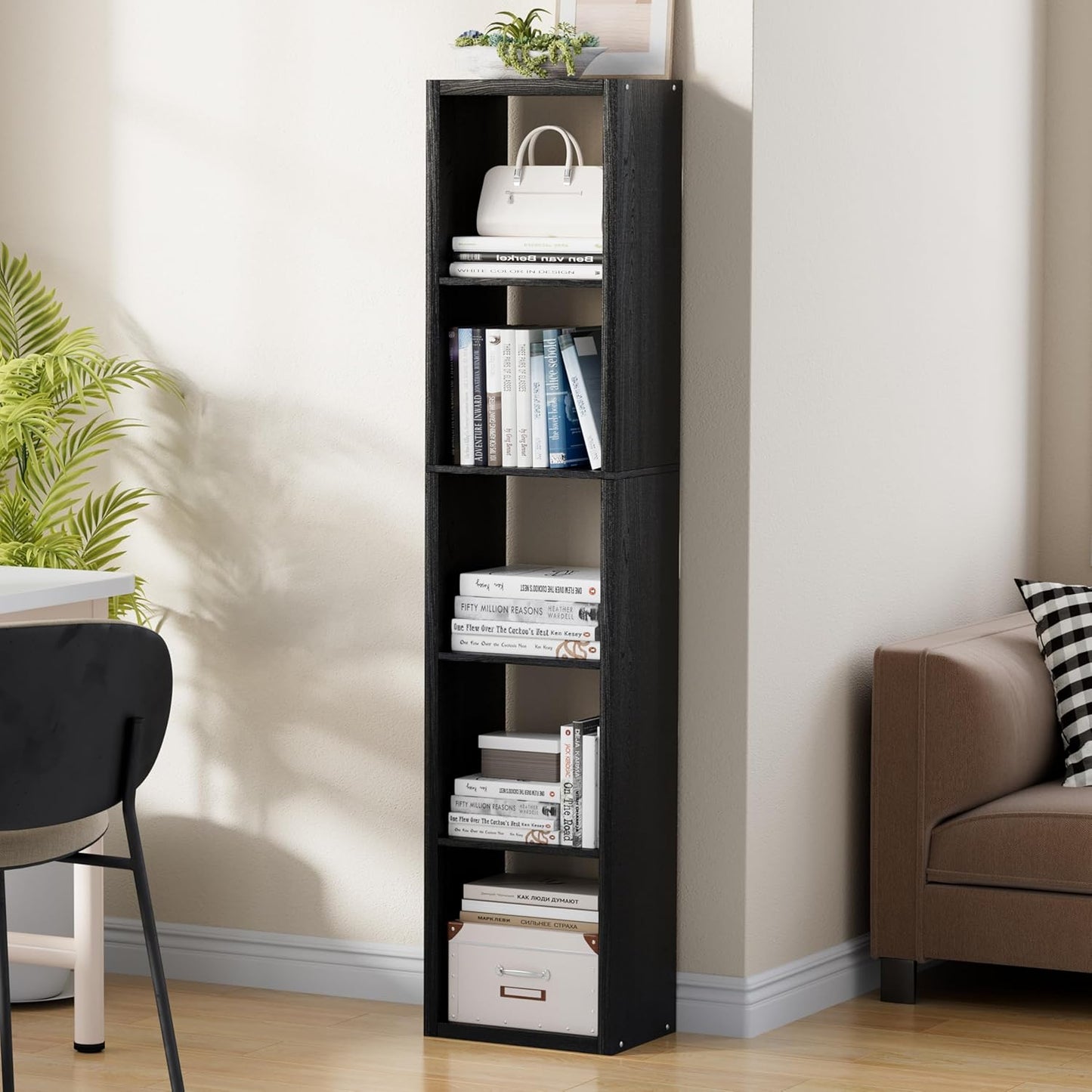 Tall Cube Storage Organizer Bookcase, 5 Tier 11 inch Open Back Cubical Shelf with Thickened Border, Display Bookshelf for Living Room, Home Office, Sturdy Room (Black, 5 Cube,Vertical)