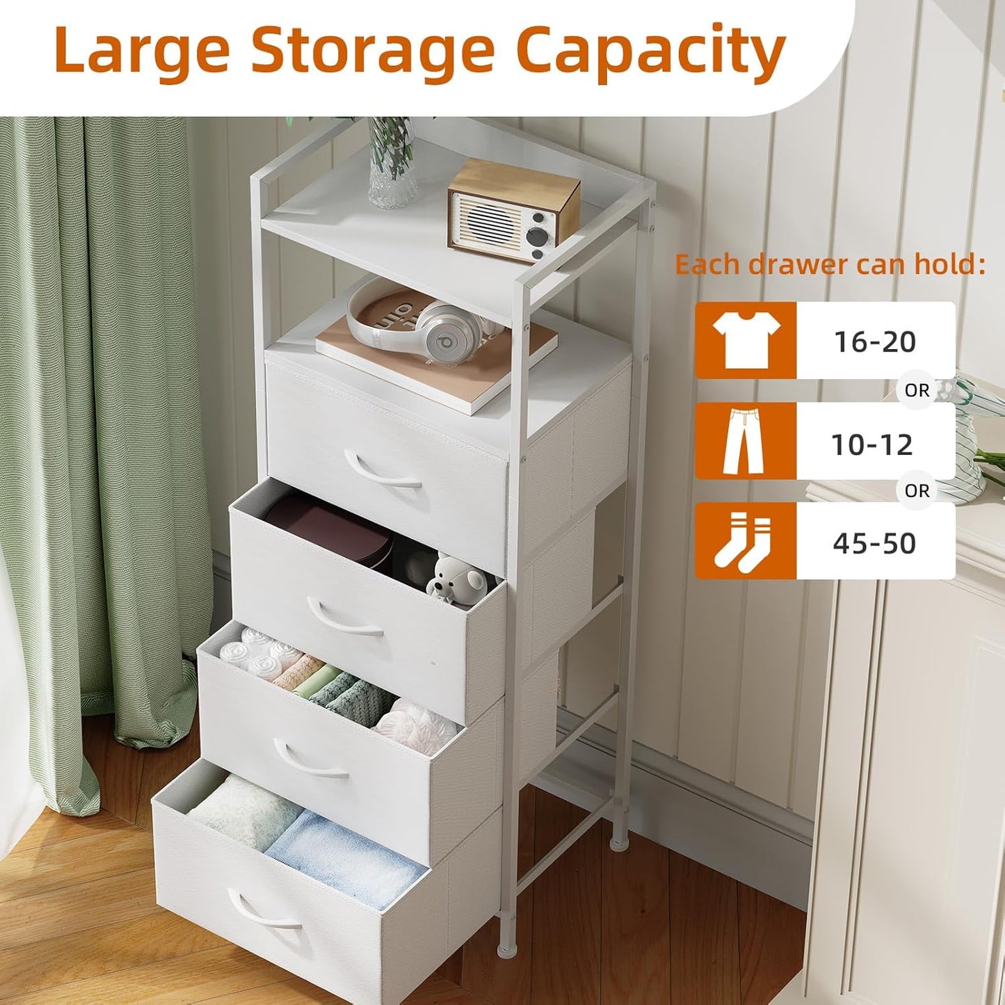 Somdot White Nightstand with 4 Drawers, Vertical Storage Tower Fabric Dresser for Bedroom, Nightstand Bedside Table Furniture, Sturdy Steel Frame, Wooden Top & Easy Pull Fabric Bins