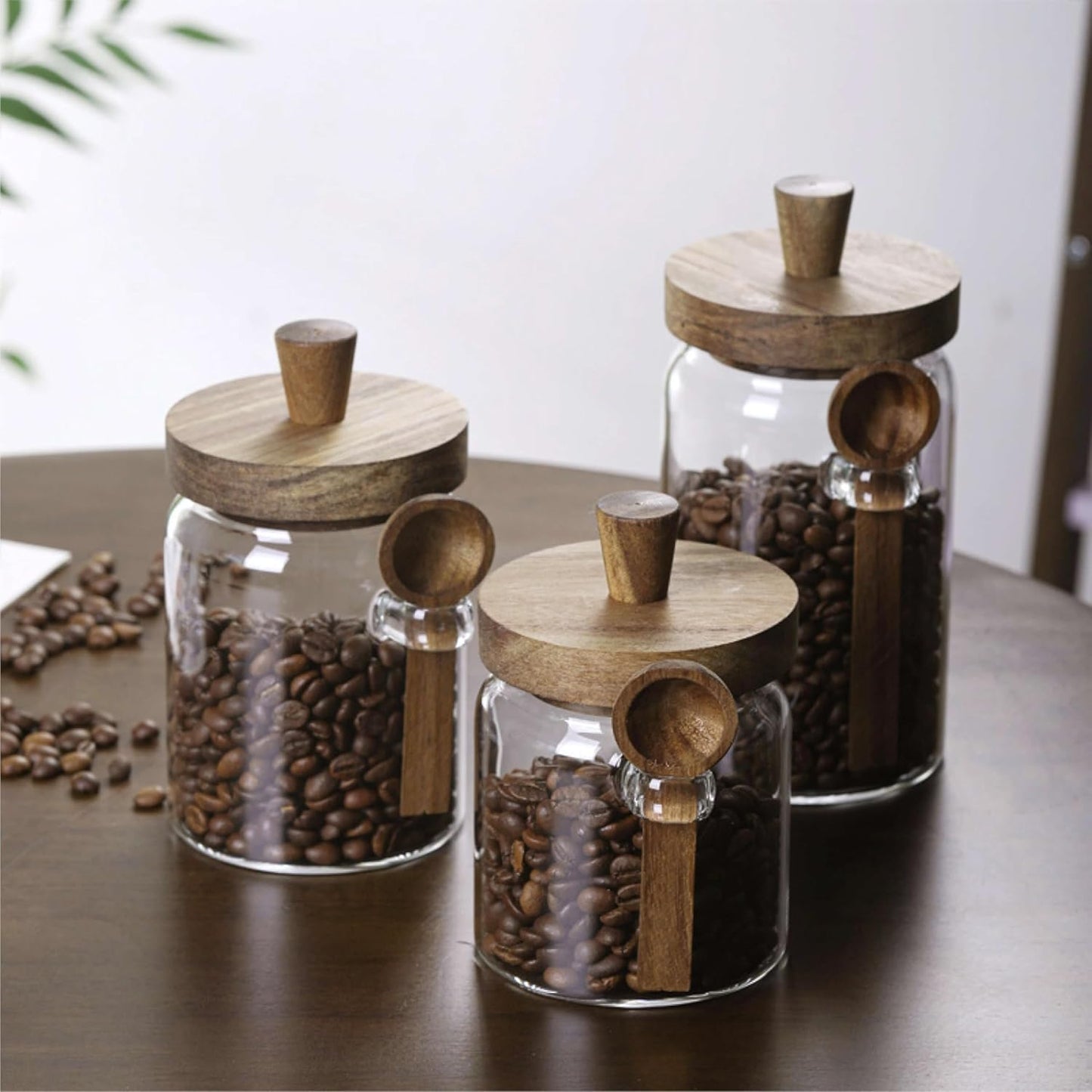 Glass Food Storage Jar with Acacia Wooden Lid and Spoon, Airtight Container for Cereals, Cookies, Snacks, Kitchen Canister Set (1 Pcs, Medium/20oz)