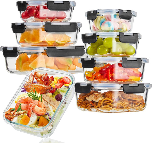 8 Pack Glass Meal Prep Containers with Lids, Extra Thick Airtight Food Storage Set (310ml-1510ml/10.5oz–51oz), Leakproof Lunch Boxes for Leftovers