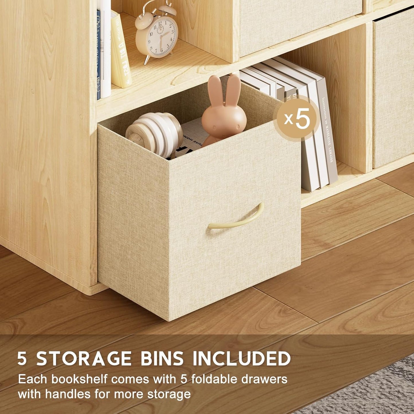 9 Cube Storage Organizer - Solid Wood Bookshelf with 5 Storage Bins, Cube Shelf with 3 Removable Back Panels, Vertical or Horizontal Bookcase, Open Book Shelf for Bedroom, Living Room, Office