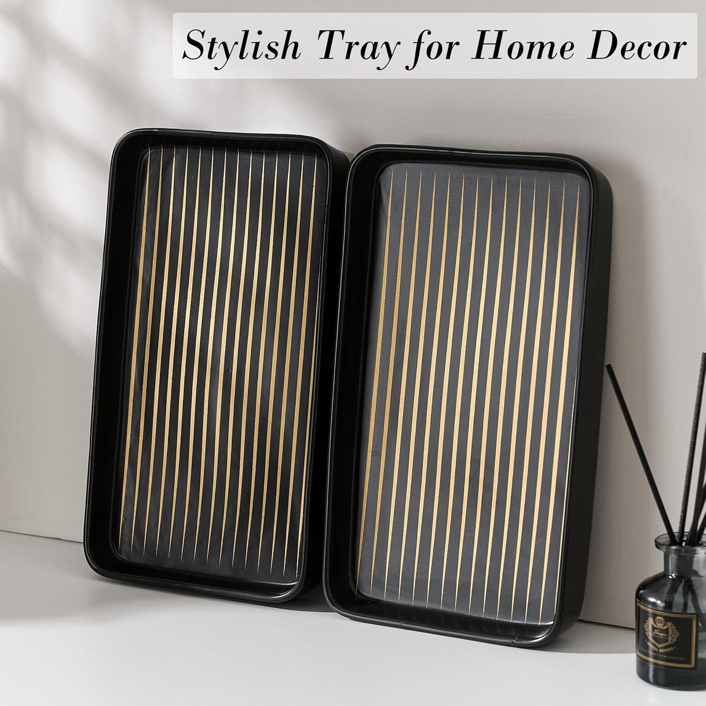 Bathroom Vanity Tray for Countertop,2PC Rectangle Striped Tray,Decorative Bathroom Organizer for Scrubber, Lotion Bottles, Perfume, Jewelry, Candle, Key Trinket Ring(Large,Black)