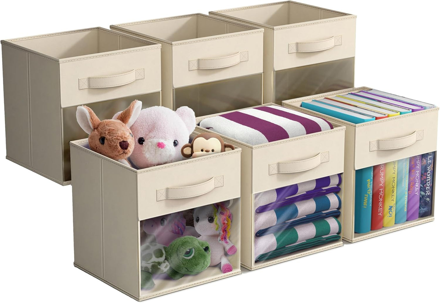 Sorbus 11 Inch Storage Bins with Clear Window - 6 Foldable Baskets for Organizing Clothes, Toys, Books - Sturdy Collapsible Fabric Storage Cubes with Handle - Storage Baskets for Shelves, Closets