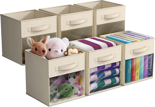 Sorbus 11 Inch Storage Bins with Clear Window - 6 Foldable Baskets for Organizing Clothes, Toys, Books - Sturdy Collapsible Fabric Storage Cubes with Handle - Storage Baskets for Shelves, Closets