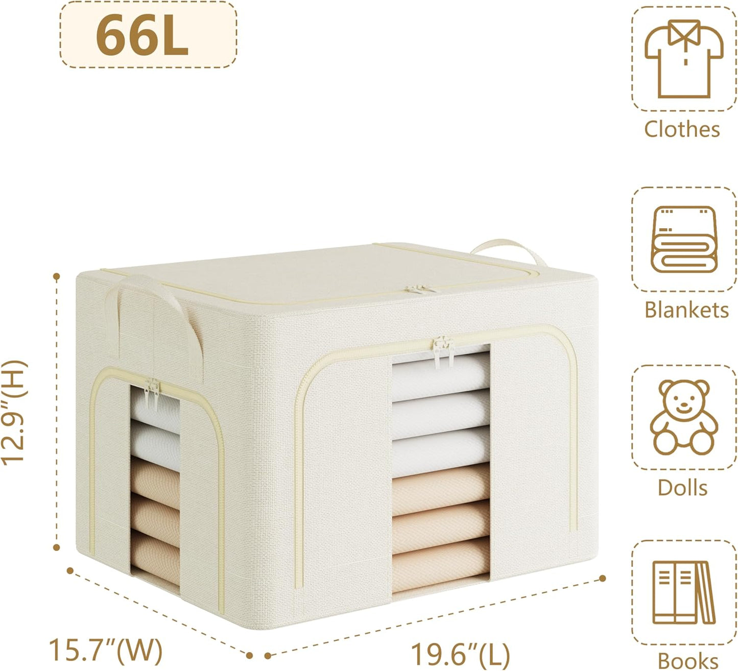 Pinkpum 3 Pack Clothes Storage Bins with Metal Frame, Closet Organizers and Storage Boxes, Stackable & Foldable Clothes Organizer Bags with Large Clear Window & Long Carry Handles, Beige 66L