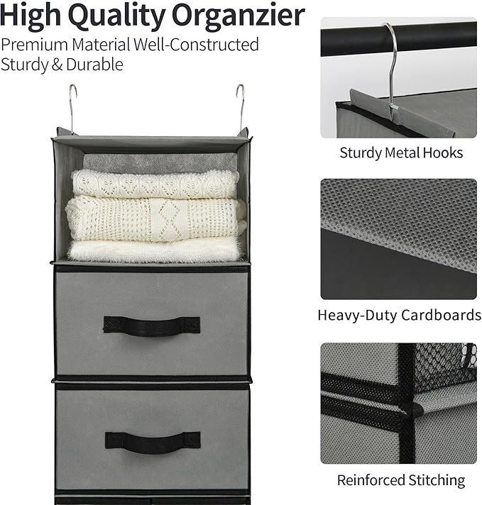 GRANNY SAYS Hanging Closet Organizer 6 Shelves, Closet Organizers and Storage with 5 Drawers, 6 Side Pockets Closet Hanging Organizer, Hanging Storage Organizer for Closet, Baby Clothes, Gray