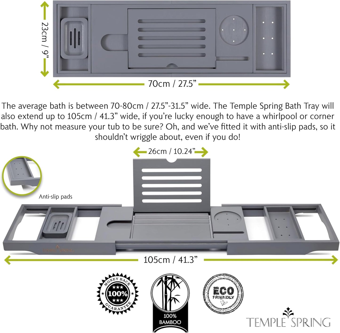 Temple Spring Wooden Bathtub Tray, Bamboo Bathroom Accessories, Bath Tray for Tub, at Home Spa Essentials, Board for Tub Table, Bath Caddy for Bathtub Accessories & Bathroom Essentials – Slate Grey