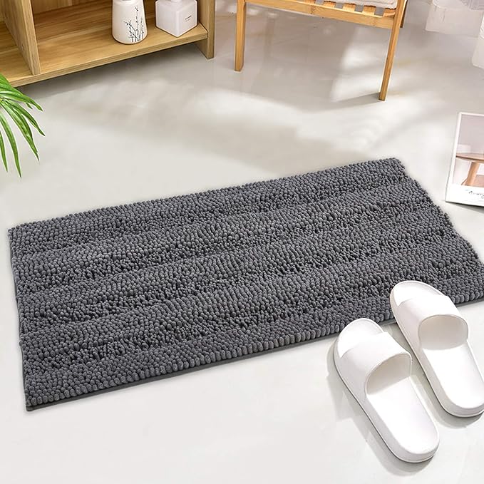 KGORGE Grey Bath Mat - Quick Drying Soft Bathroom Rugs Non-Slip Absorbent Machine Washable Shaggy Chenille Shower Carpet for Tub Kitchen Entryway, 47 x 17, 1 Piece
