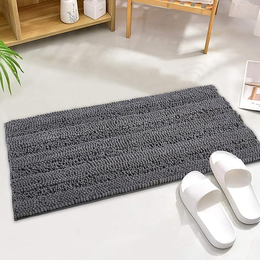 KGORGE Grey Bath Mat - Quick Drying Soft Bathroom Rugs Non-Slip Absorbent Machine Washable Shaggy Chenille Shower Carpet for Tub Kitchen Entryway, 47 x 17, 1 Piece