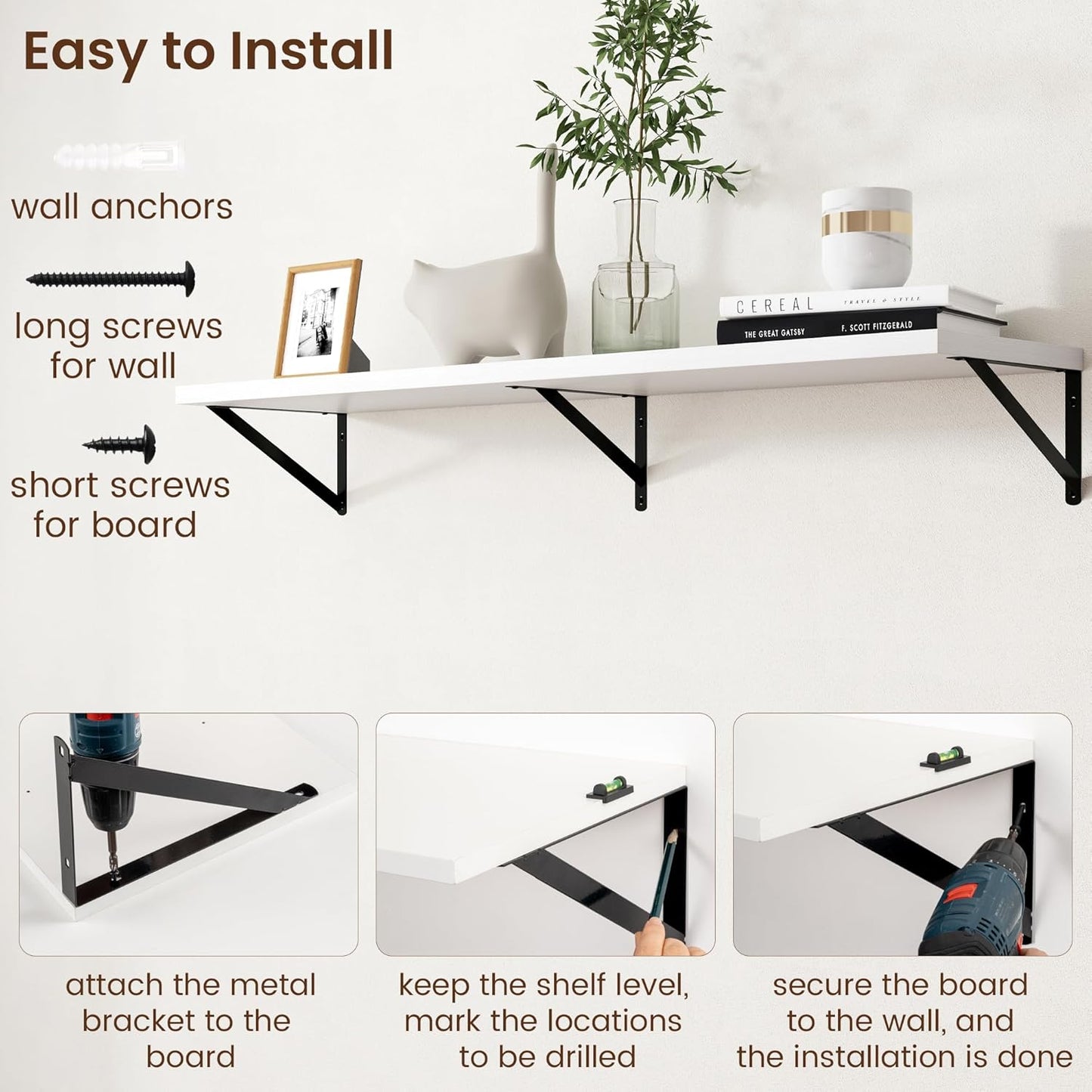 Axeman Floating Shelves for Wall White - 48 Inch Wide x 12 Inch Deep Wall Shelves Set of 2 - White Deep Wood Floating Shelves for Living Room Bedroom Laundry Room